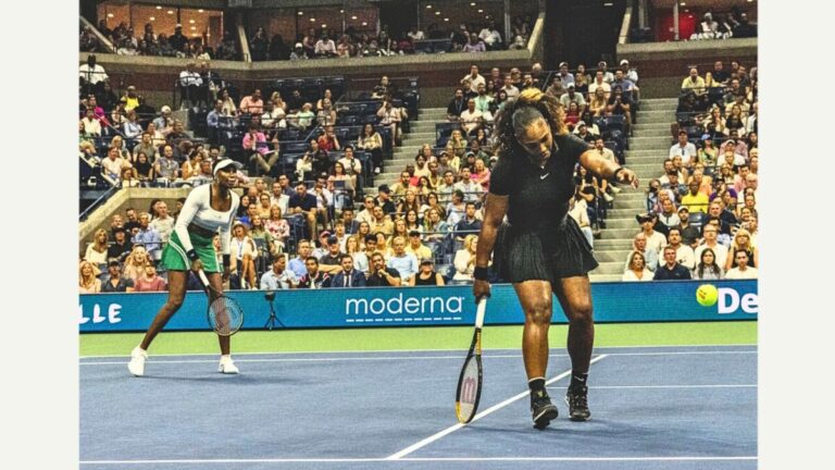 The Williams Sisters final doubles match in 2022, a landmark event in sports celebrated on Africa Giant.