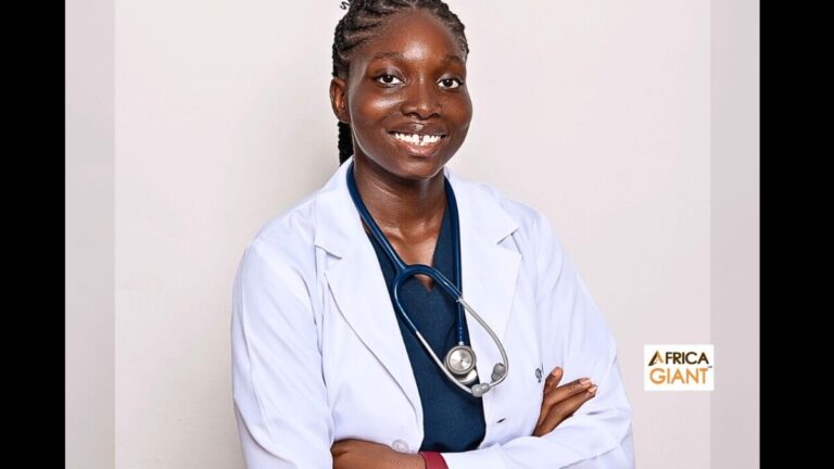 Dr. Chioma Obunadike, one of the world's youngest doctors featured on Africa Giant, smiling in her white coat.
